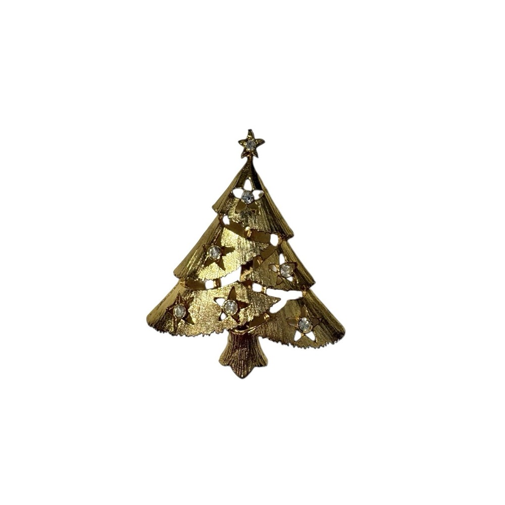 Vintage Gold Tone Rhinestone Ornament Christmas Holiday Pine Tree Brooch Pin
